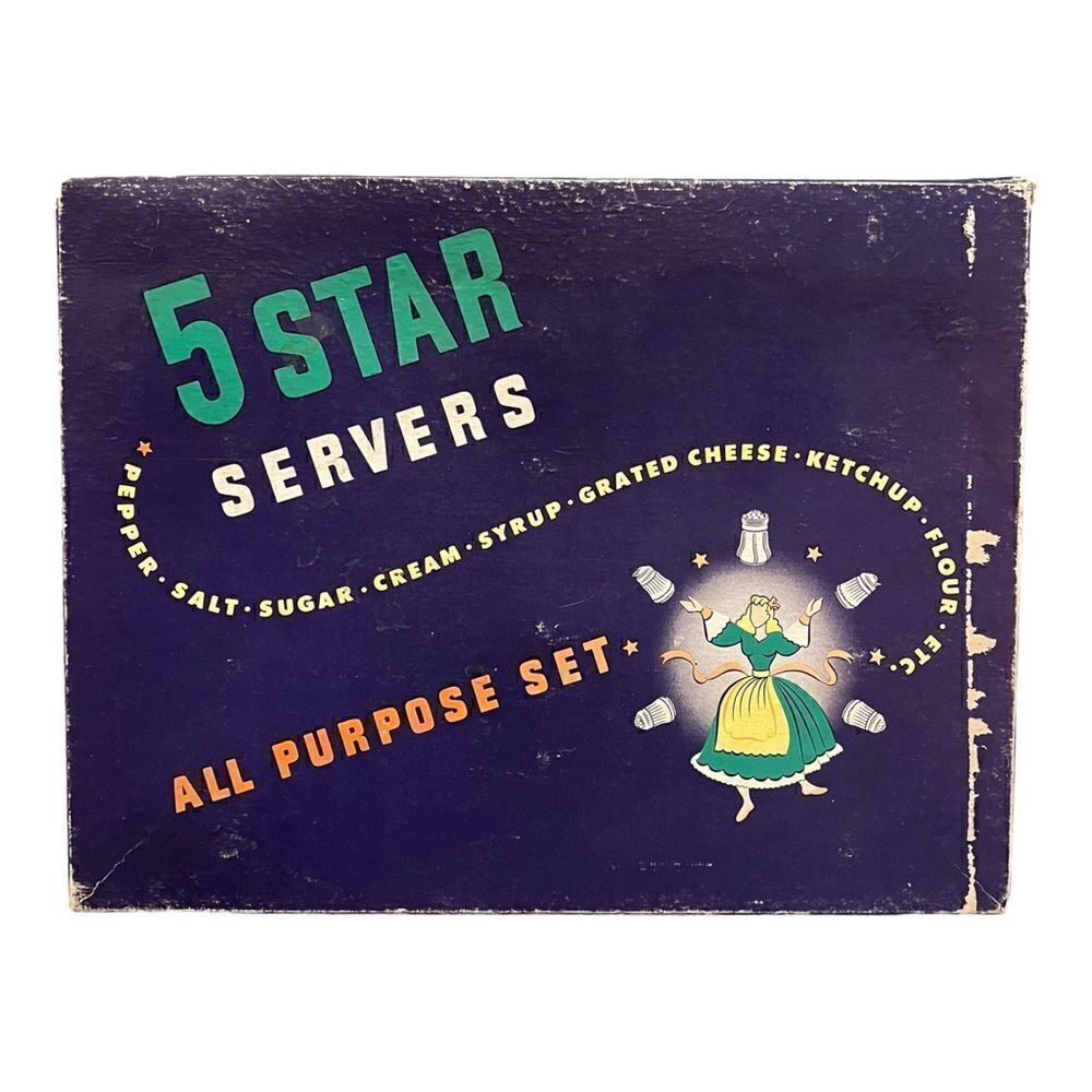 5 Star Servers Vintage Set Glass Jars Salt Pepper ShakersβStainlessβSteel